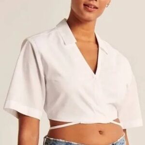 Abercrombie & Fitch White Cropped Collared Wrap Top